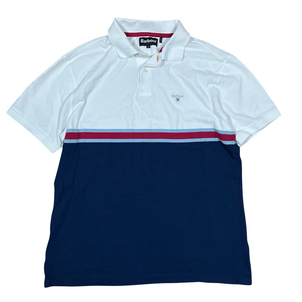 Barbour Polo Short Sleeve Shirt Size XL Colorblock White Blue Red Stripe Casual